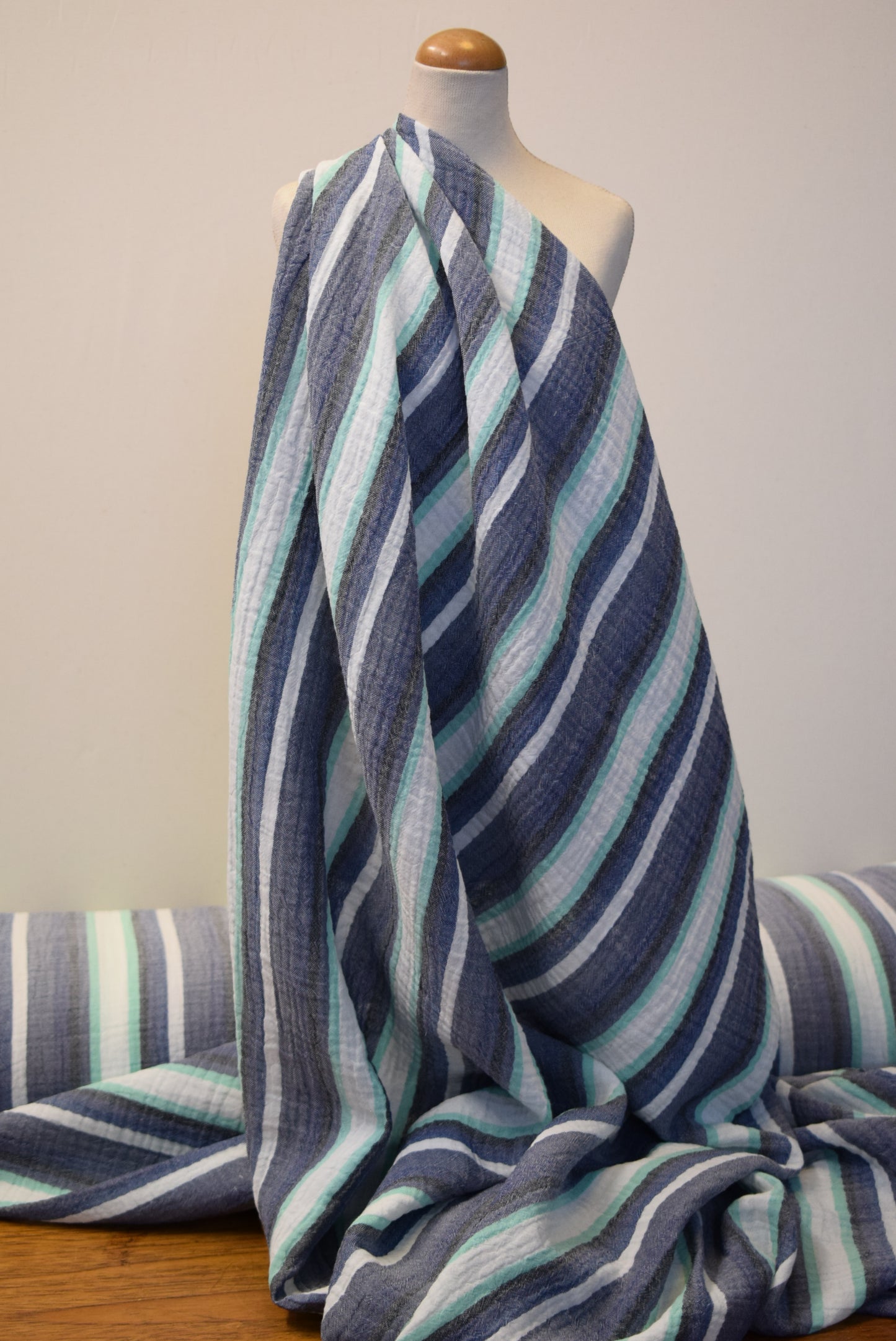 'Antibes' Blue Stripe Crinkle Doublecloth