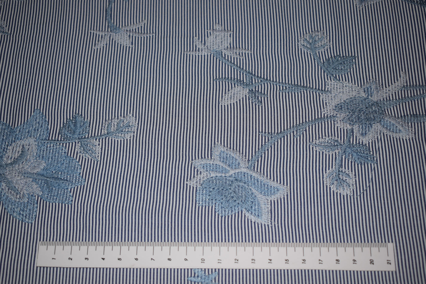 Blue Embroidery on Ticking Stripe