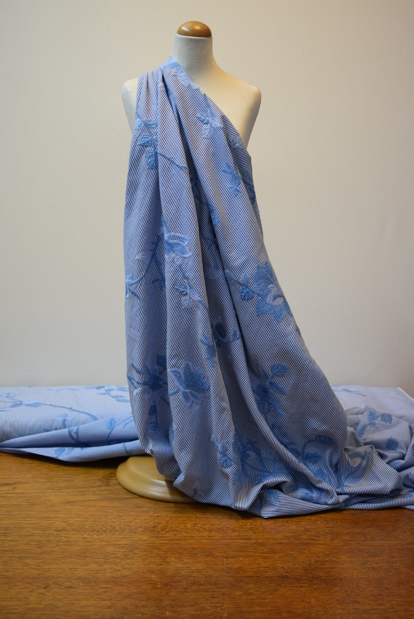 Blue Embroidery on Ticking Stripe