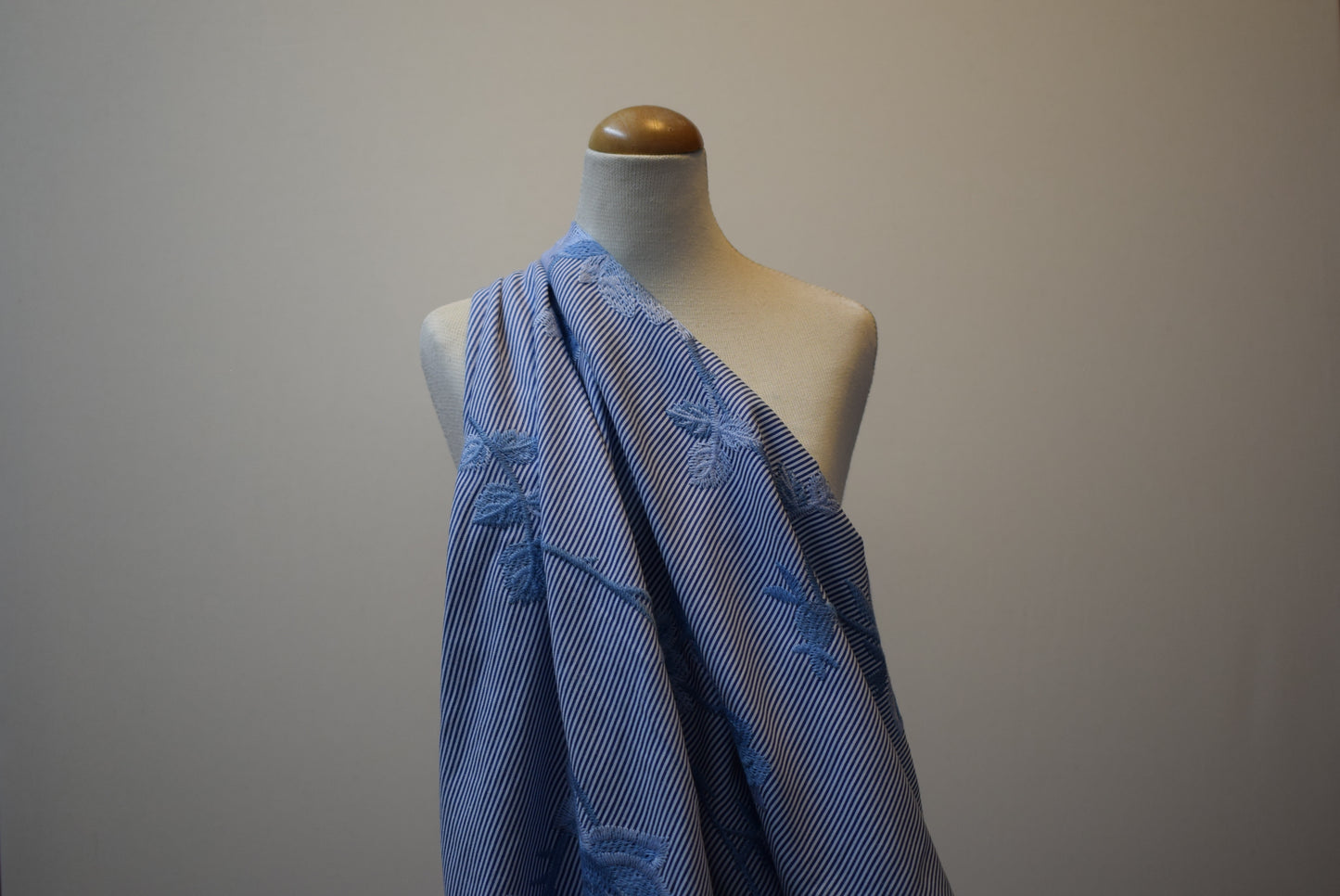 Blue Embroidery on Ticking Stripe