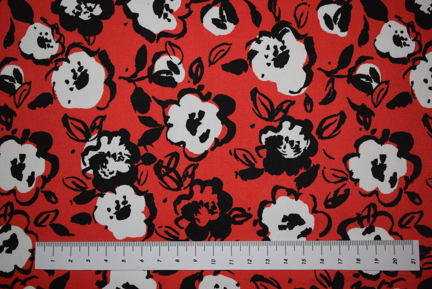 Black & White Floral On Red Sateen