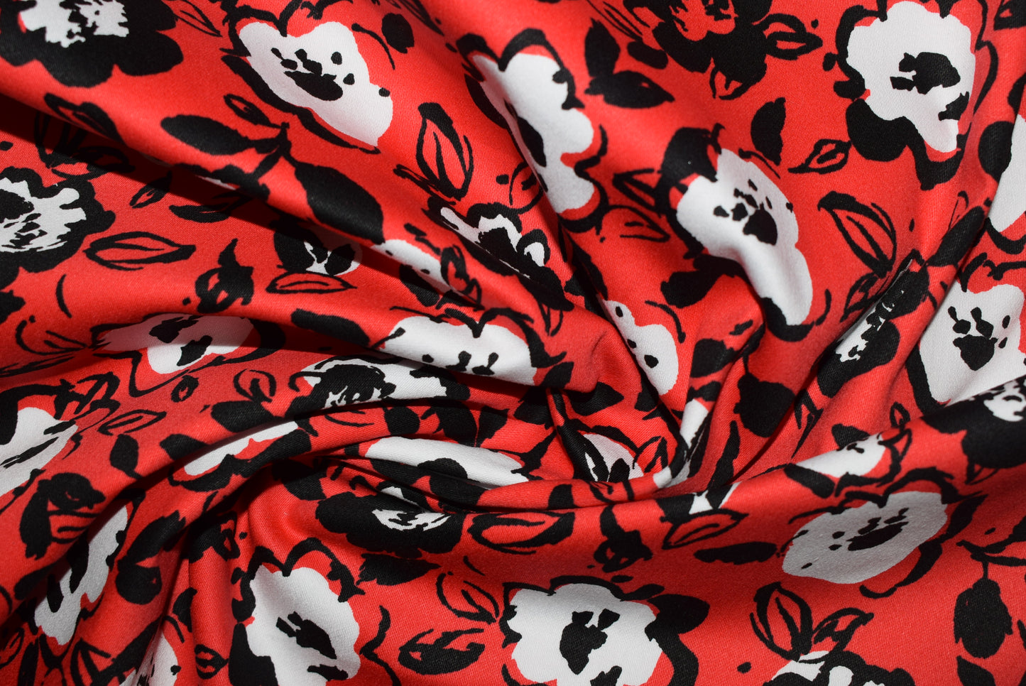 Black & White Floral On Red Sateen