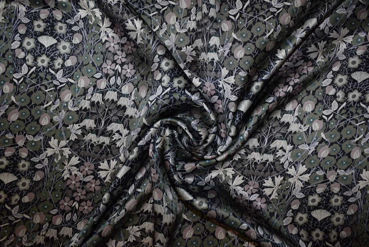 'Moonlit Flowers' Silk Satin- Black