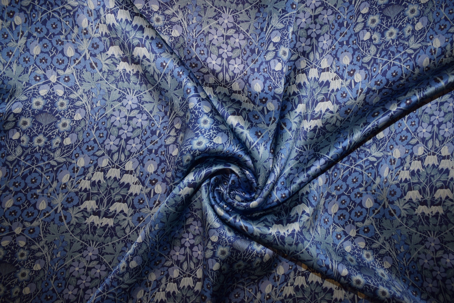 'Moonlit Flowers' Silk Satin- Blue