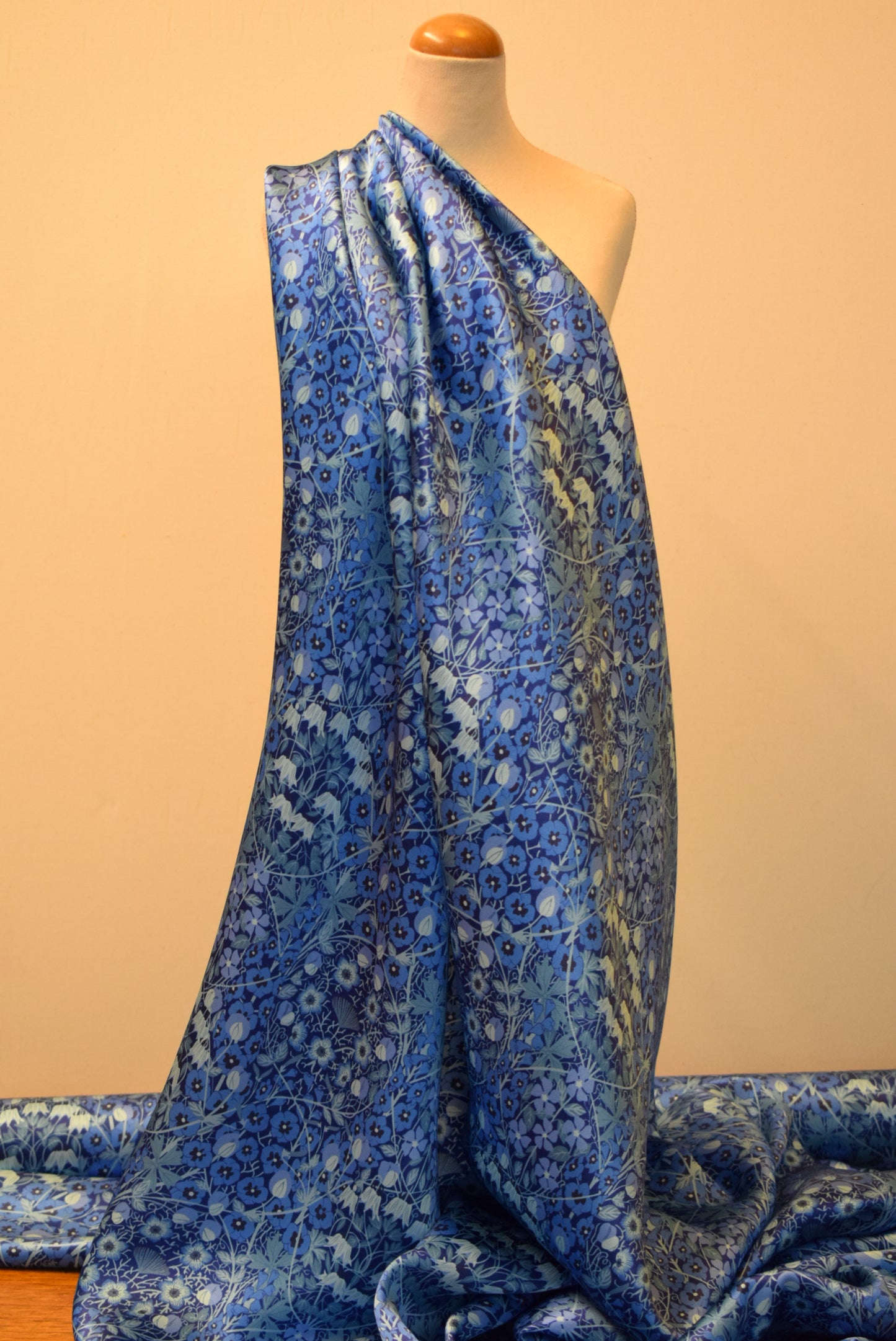 'Moonlit Flowers' Silk Satin- Blue