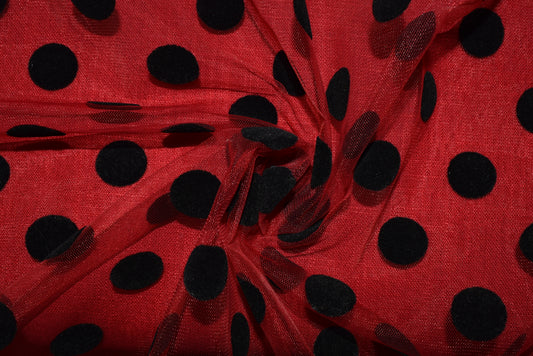 Black Flock Spot On Red Tulle