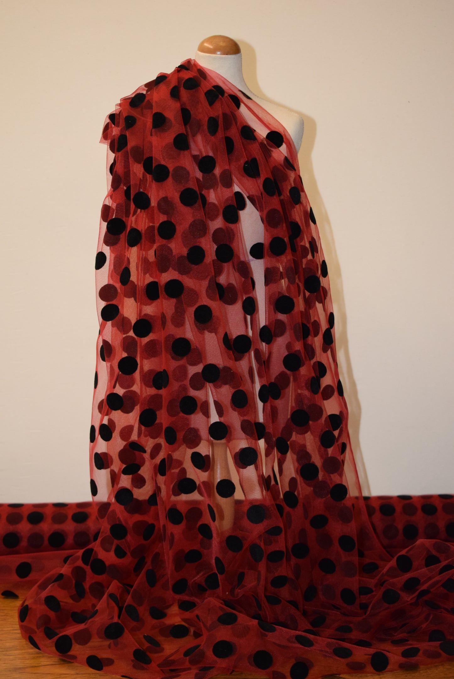 Black Flock Spot On Red Tulle