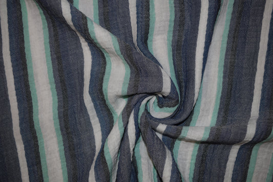 'Antibes' Blue Stripe Crinkle Doublecloth