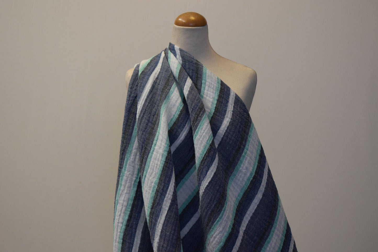 'Antibes' Blue Stripe Crinkle Doublecloth