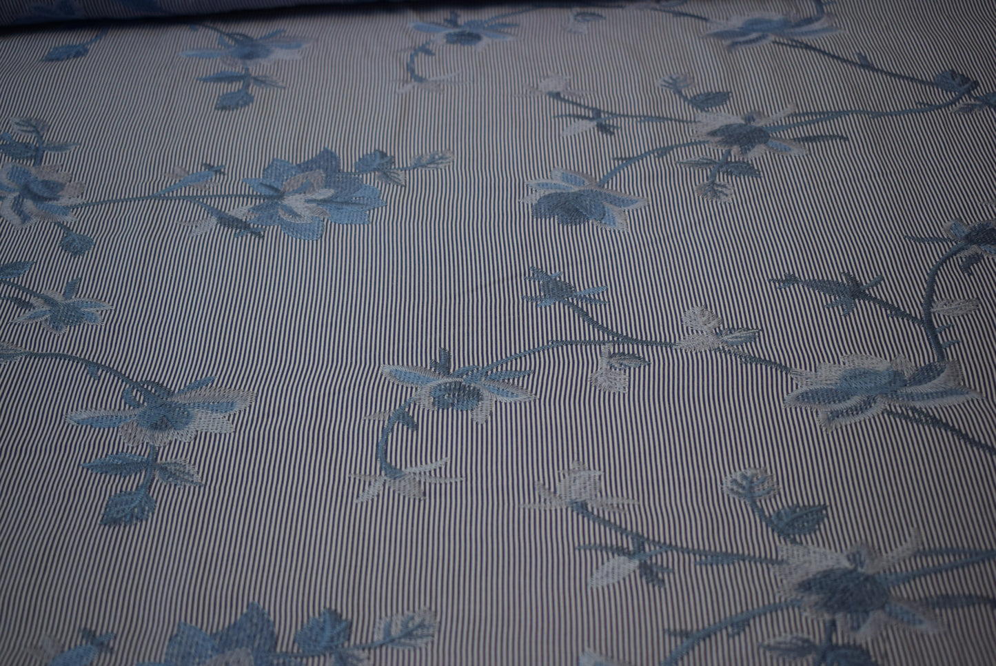 Blue Embroidery on Ticking Stripe