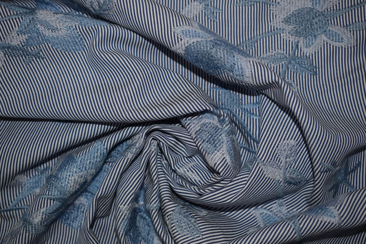 Blue Embroidery on Ticking Stripe