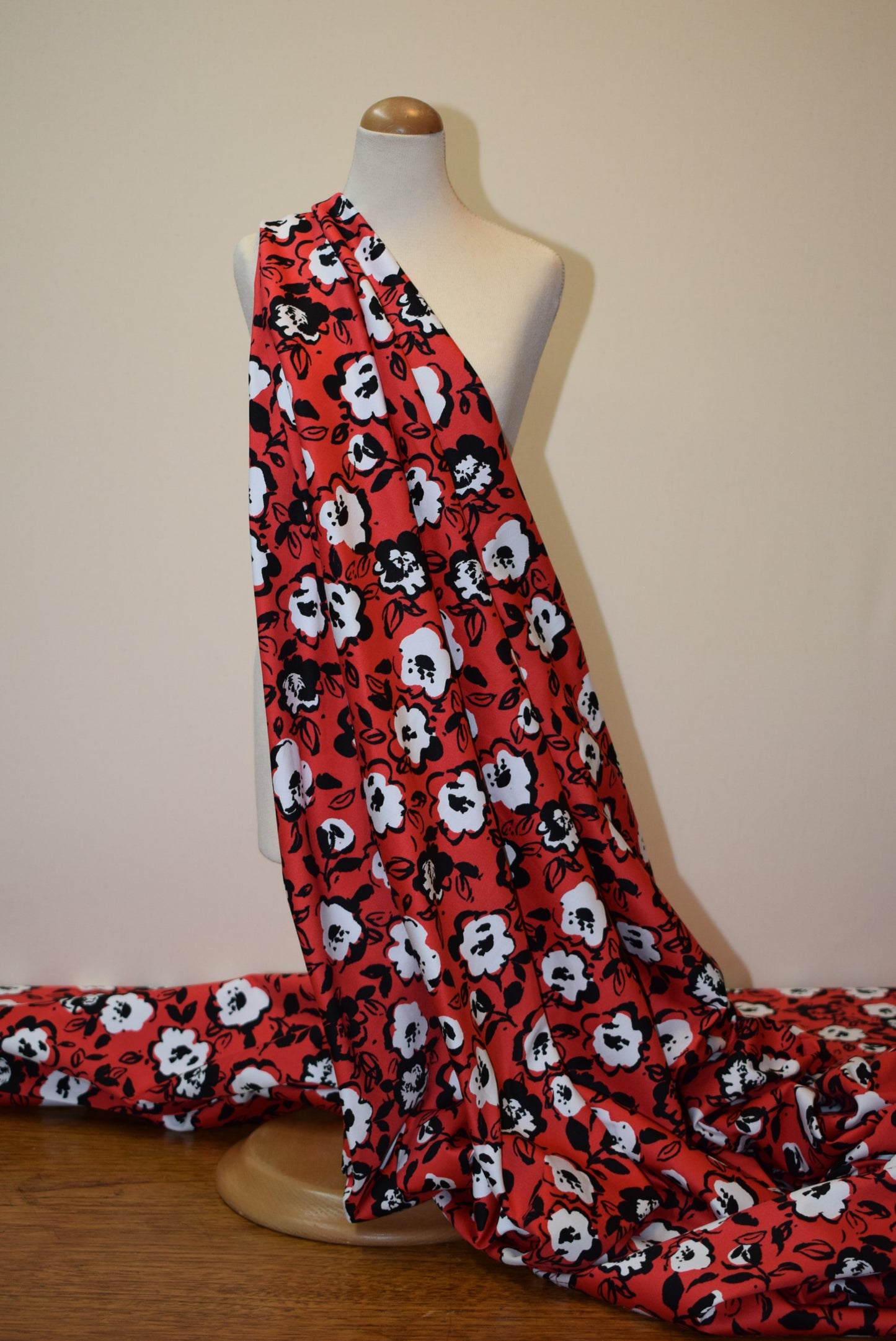 Black & White Floral On Red Sateen