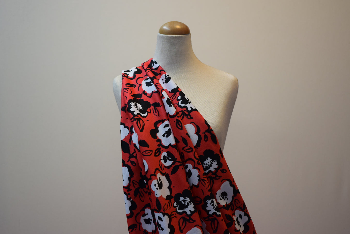 Black & White Floral On Red Sateen